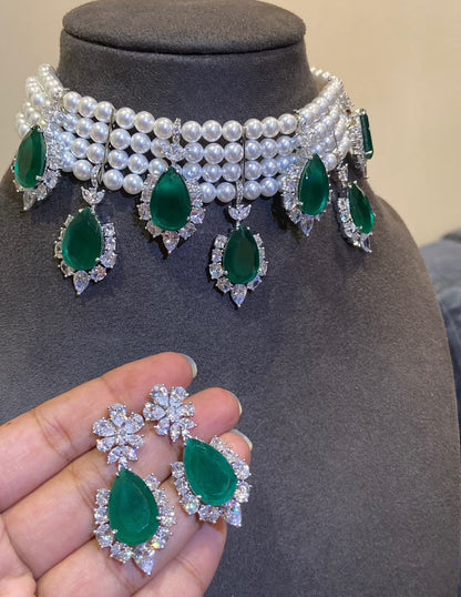 Row Pearl & Emerald Drop Bridal Choker