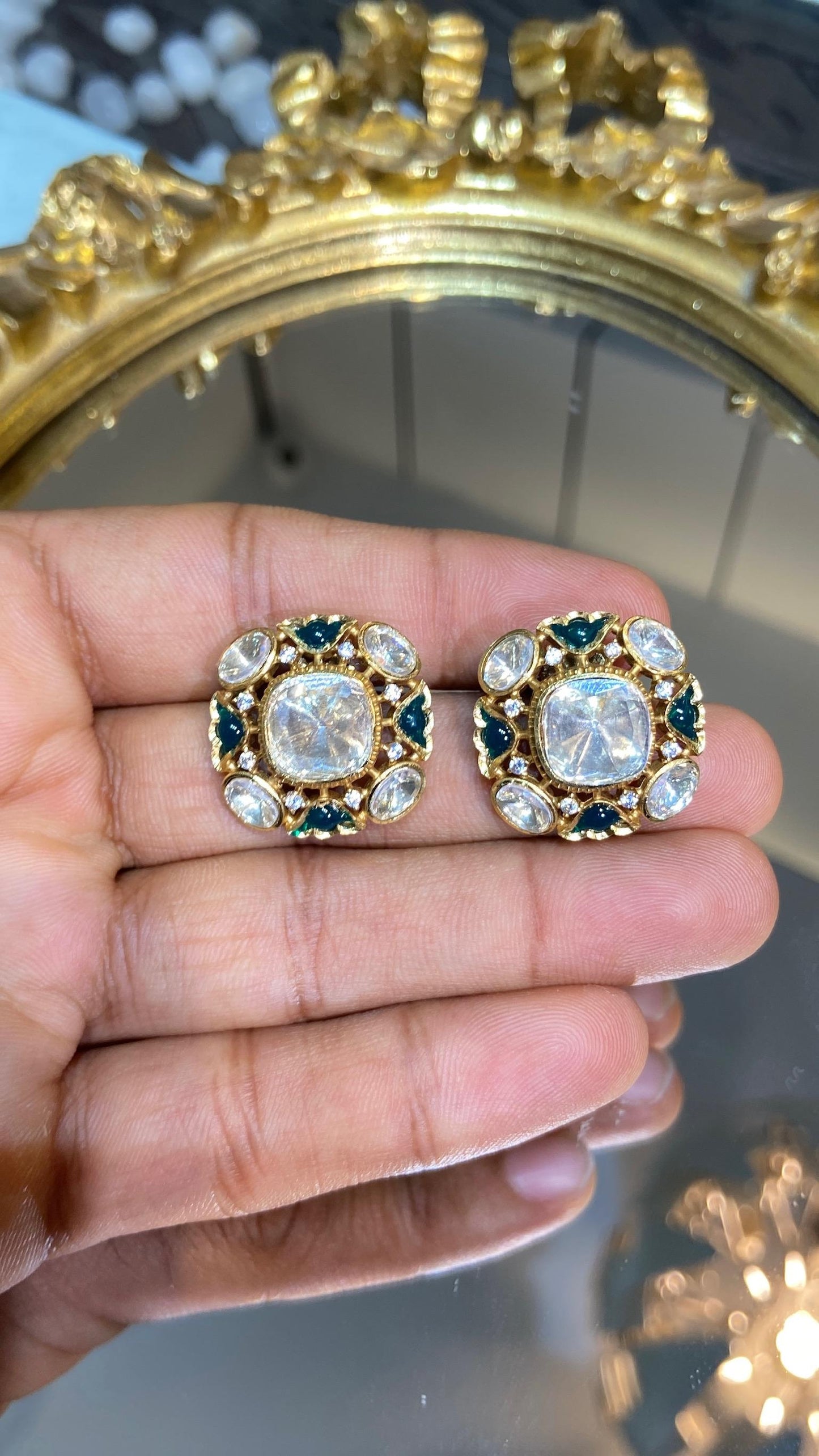 Regal Emerald/Ruby Square polki Studs