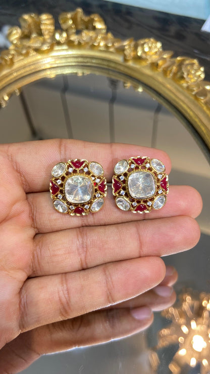 Regal Emerald/Ruby Square polki Studs
