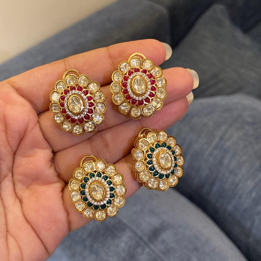 Ruby & Emerald Floral moissanite polki Studs