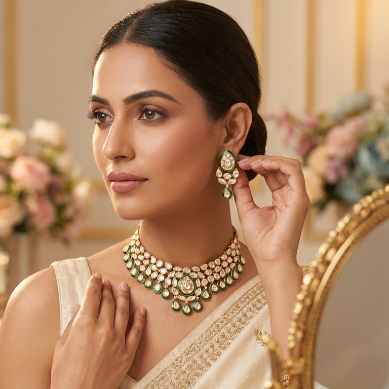 Festive flexible evergreen meena kundan polki necklace set 🤎