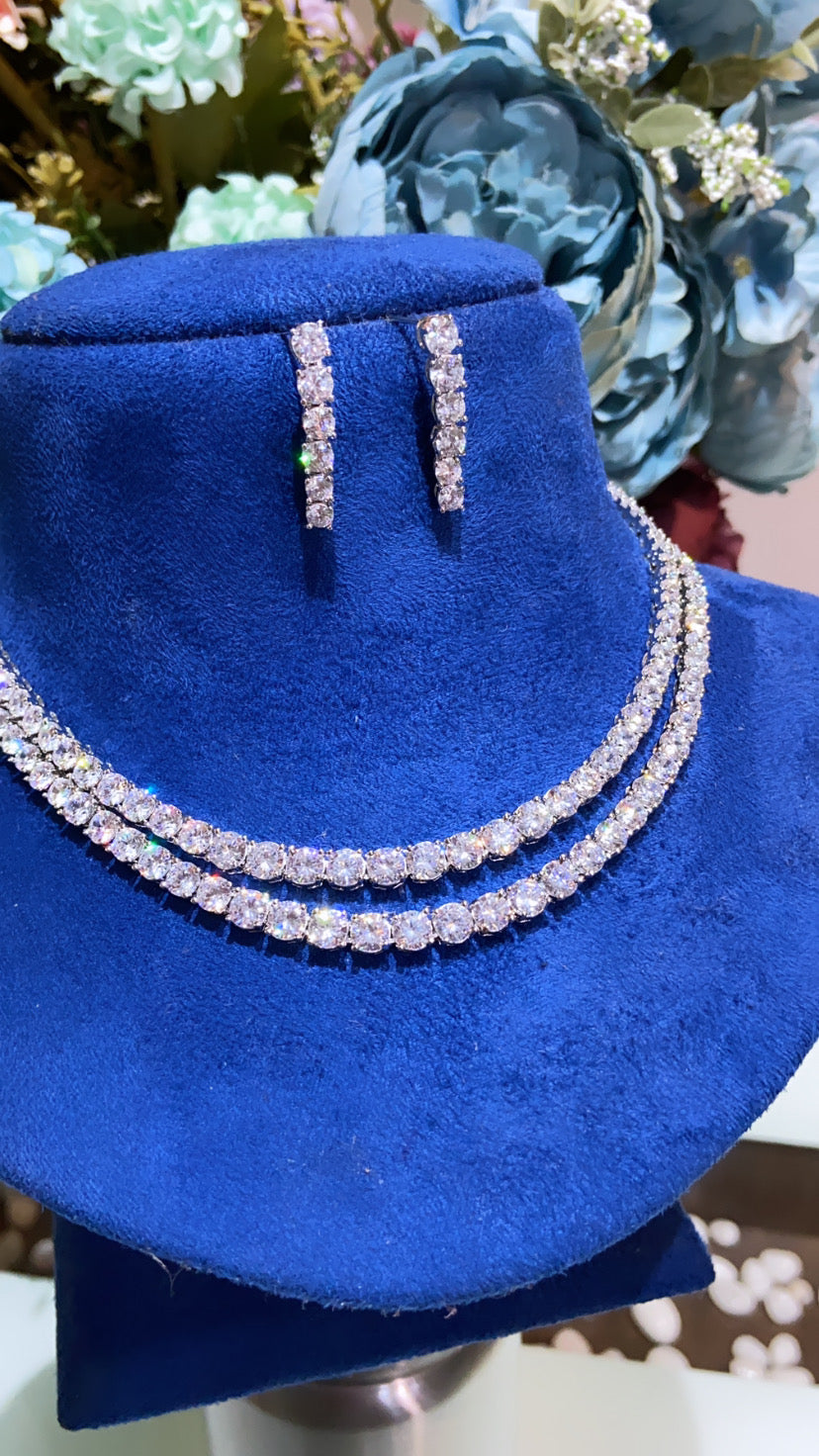 2 liner solitaire diamanté necklace set with earrings