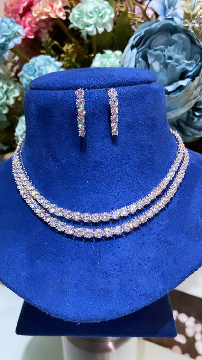 2 liner solitaire diamanté necklace set with earrings