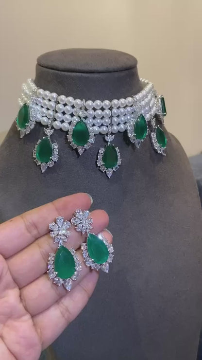 Row Pearl & Emerald Drop Bridal Choker