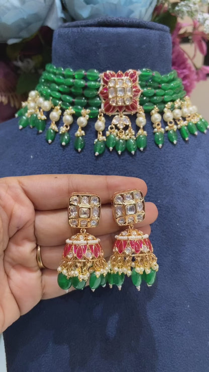 Sonakshi Festive emerald strings kundan polki necklace set