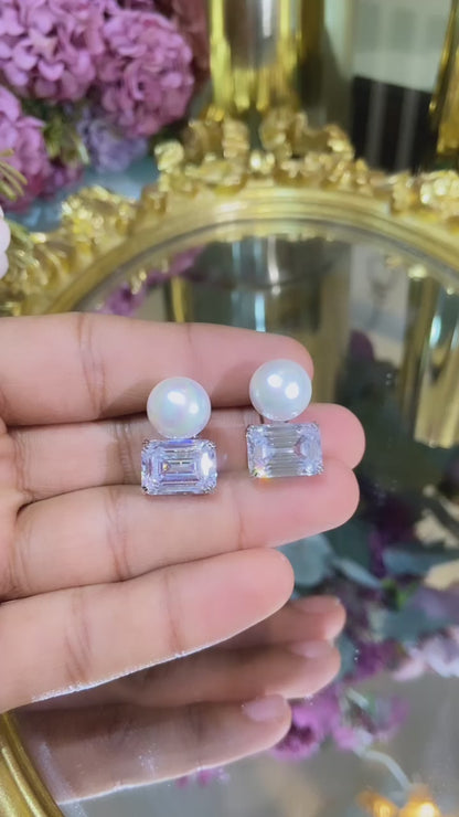 Pearl Top Emerald cut earrings