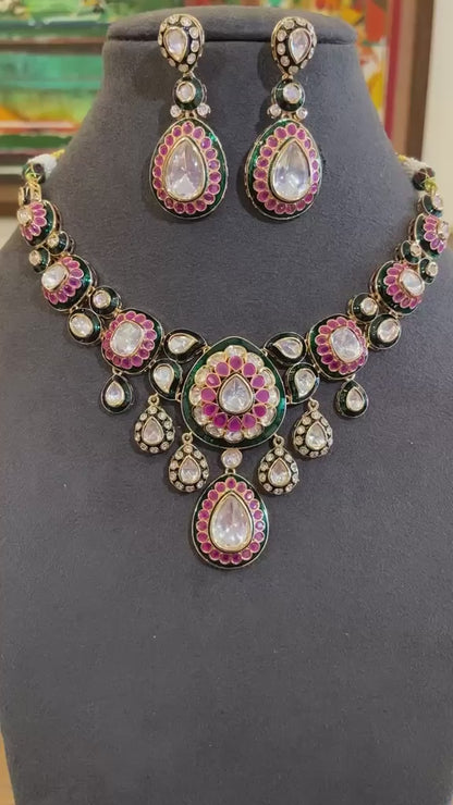 Diya Floral Ruby Polki Pendant Necklace Set