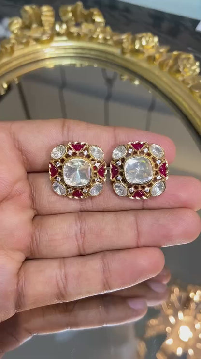 Regal Emerald/Ruby Square polki Studs