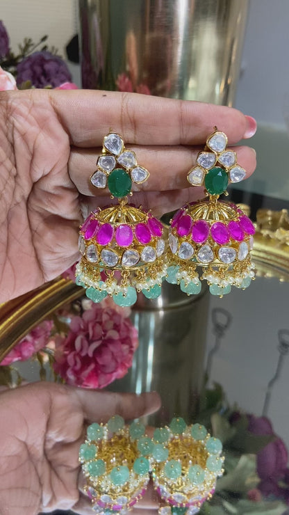Red Green moissanite Polki Jhumkis