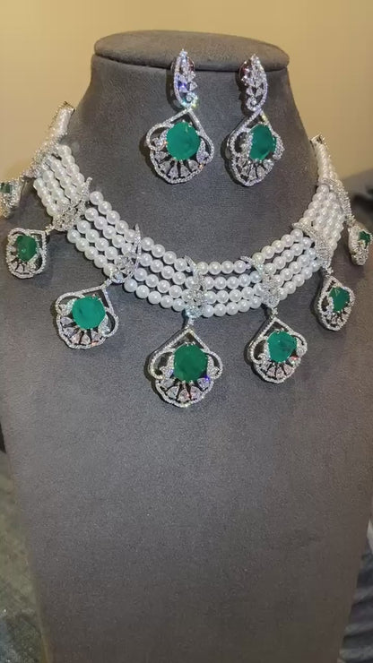 Shahana Grand 4-Row Pearl & Emerald Choker Set