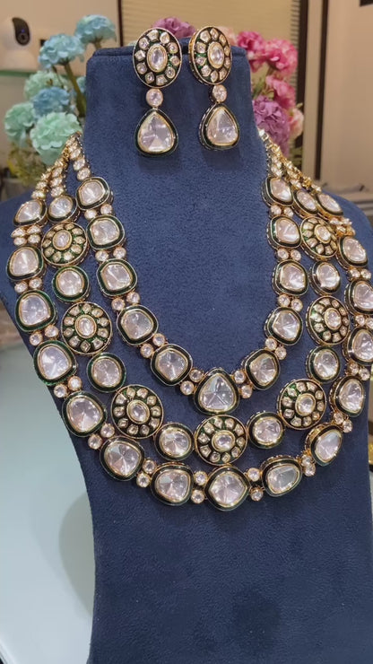 Maharani Festive 3 liner green enamel kundan set