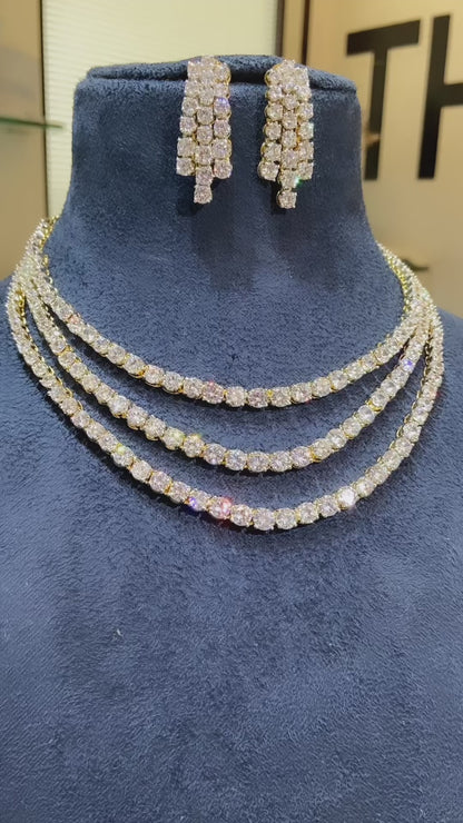 BLING STORY - 3 liner solitaire diamanté necklace set with earrings