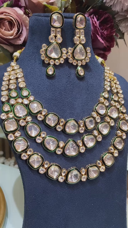 Festive 3 liner green enamel kundan set