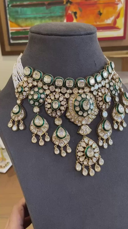 Sitara Grand Layered Polki & Emerald necklace Set