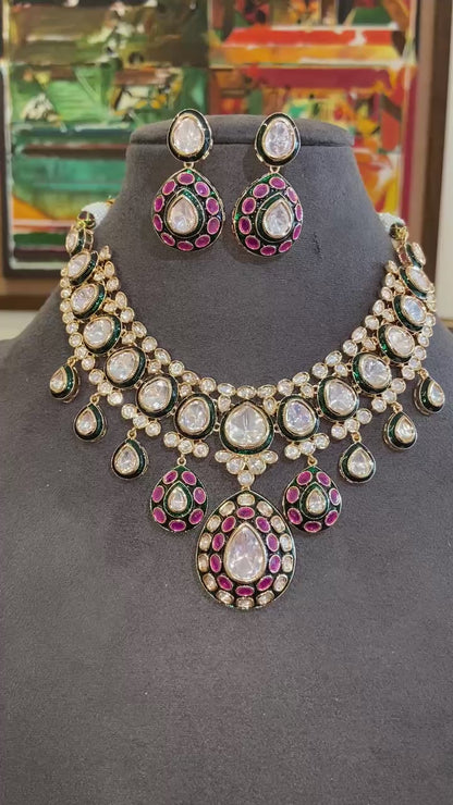 Antique Kundan Polki Choker Set with Emerald & Ruby Pink Meenakari