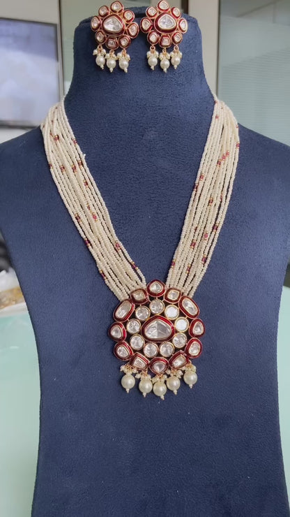 Festive Pearl beaded Kundan long necklace set