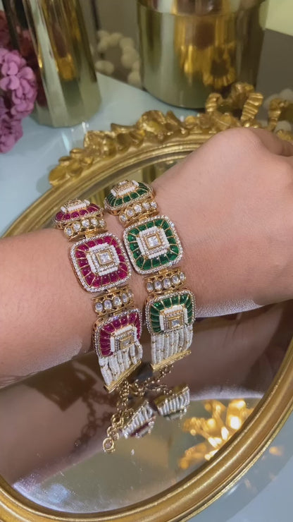 Festive Red green Pearl Polki Tennis Bracelet (Single Piece)