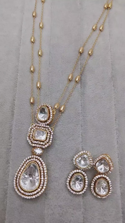 Festive Moissanite polki pendant chain earring set