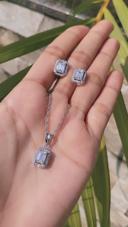 Emerald cut halo loop pendant set with earrings
