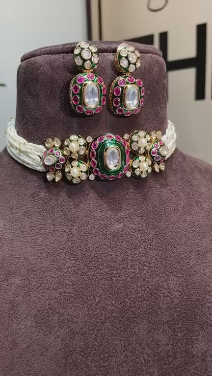 Nizami pearl Polki Choker Set with Emerald & Ruby Pink Meenakari