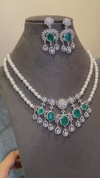 Malika Royal Emerald & Pearl Double-Layer Choker Set