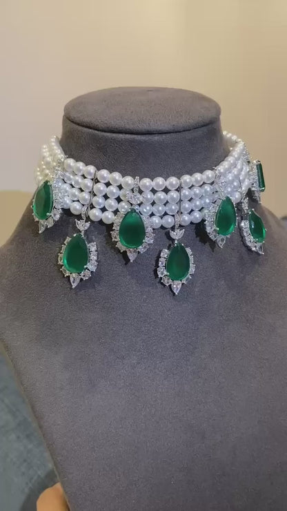 Row Pearl & Emerald Drop Bridal Choker