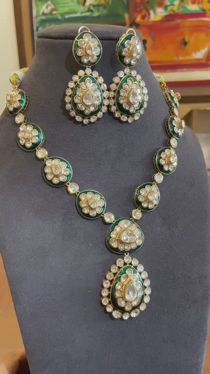 Zoya Emerald Motif Polki Long Necklace Set