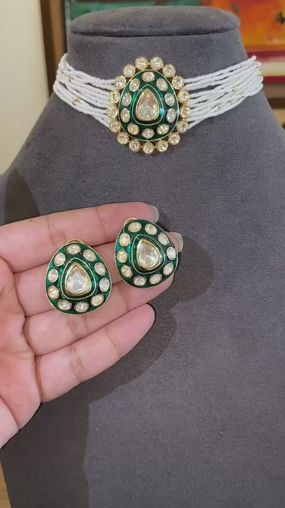 Aanya Emerald Polki & Pearl Choker Set