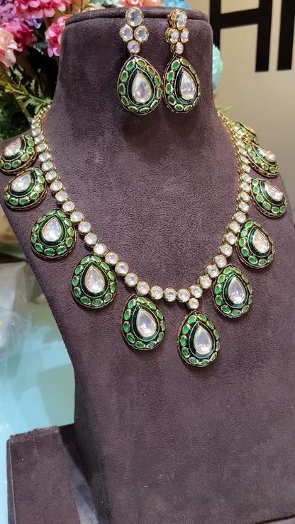 AMEYA LONG POLKI GREEN MEENAKRI SET