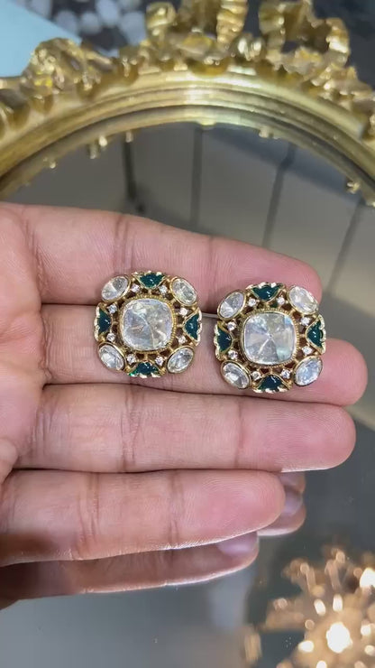 Regal Emerald/Ruby Square polki Studs