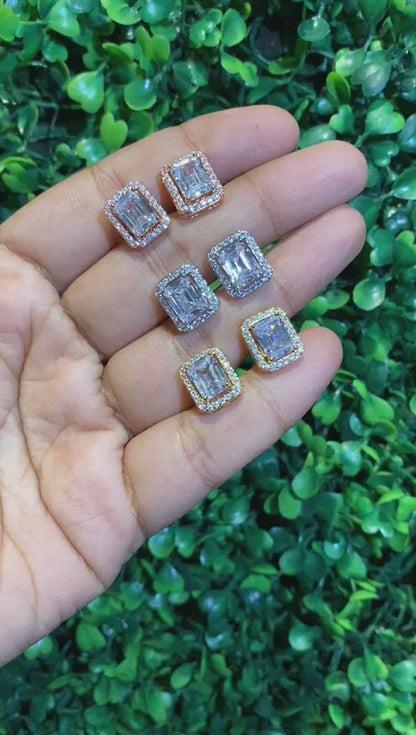 Big emerald cut halo screwback earrings