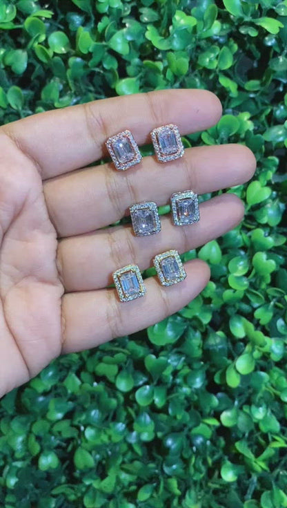 Small emerald cut halo screwback earrings