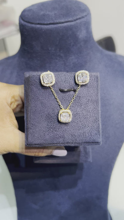 Cushion halo pendant set with chain