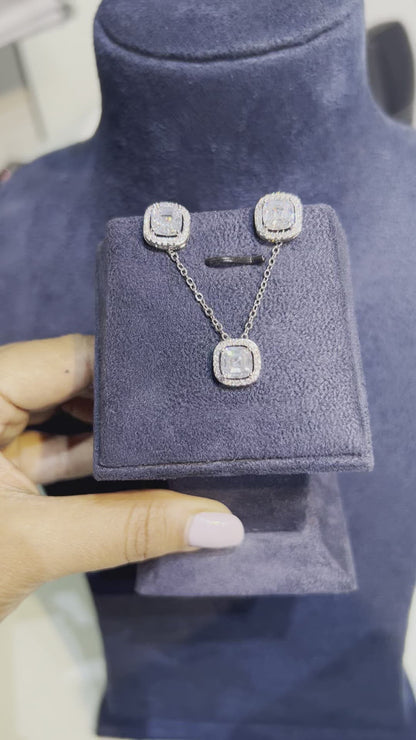 Cushion halo pendant set with chain