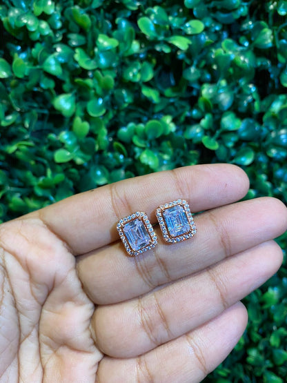 Big emerald cut halo screwback earrings