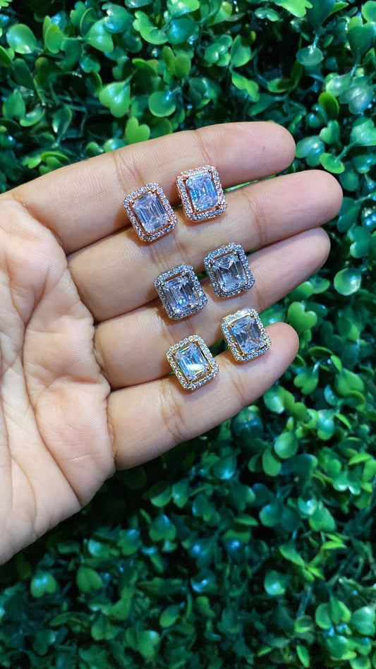 Big emerald cut halo screwback earrings