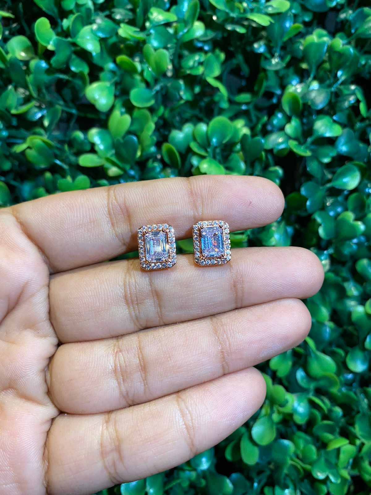 Small emerald cut halo screwback earrings
