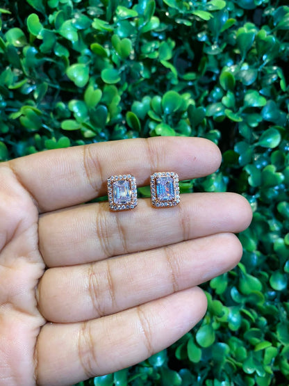 Small emerald cut halo screwback earrings