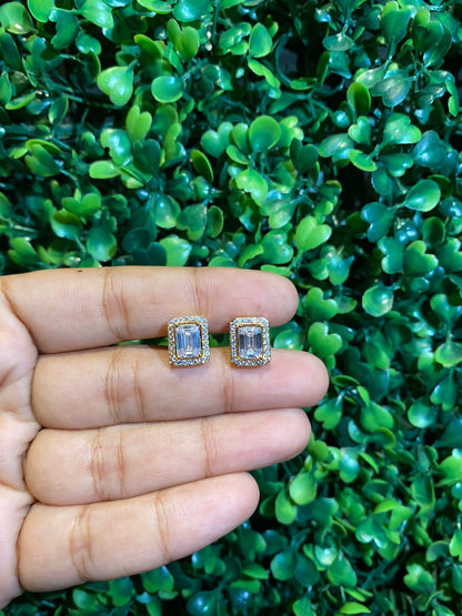 Small emerald cut halo screwback earrings