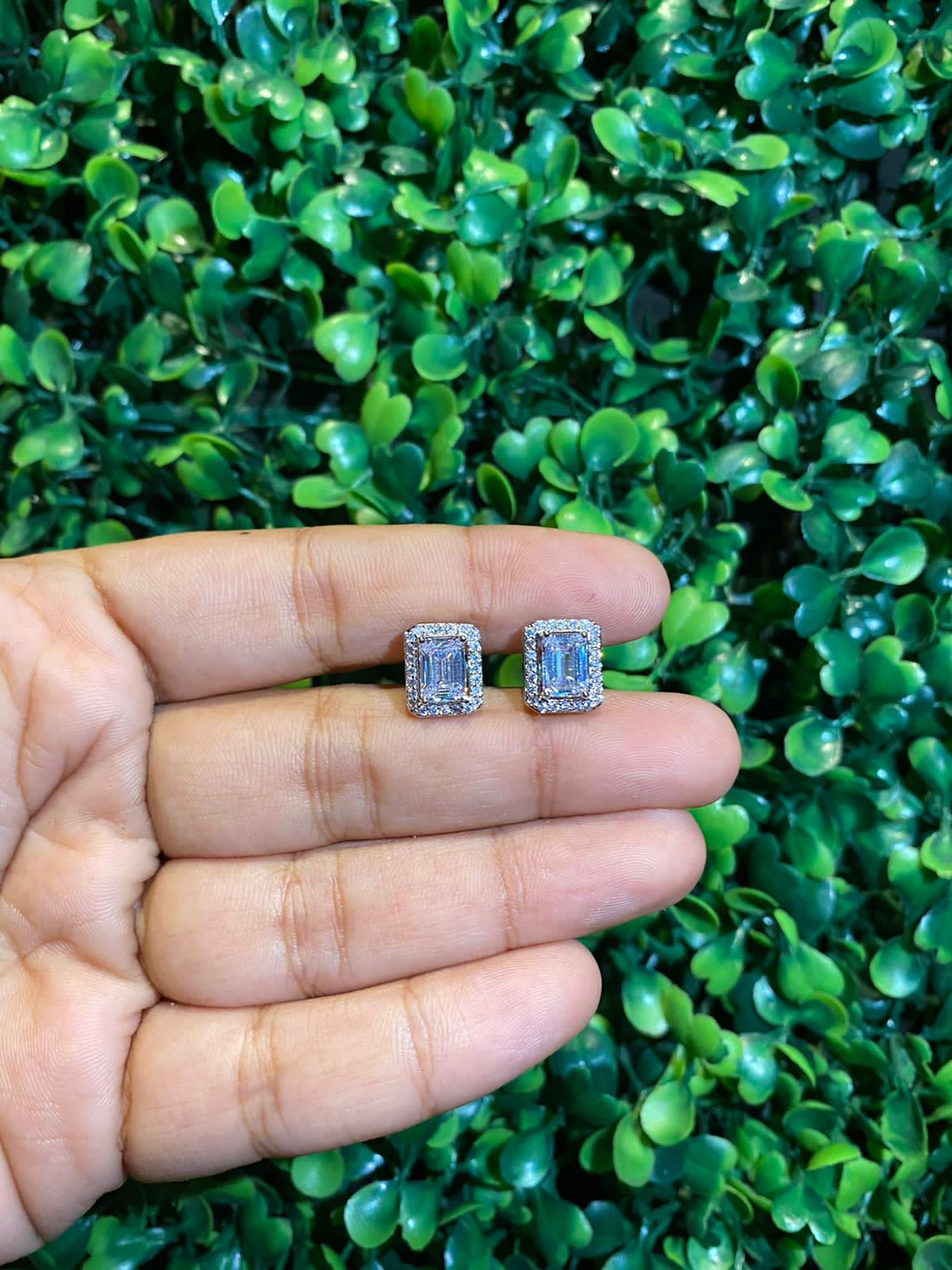 Small emerald cut halo screwback earrings
