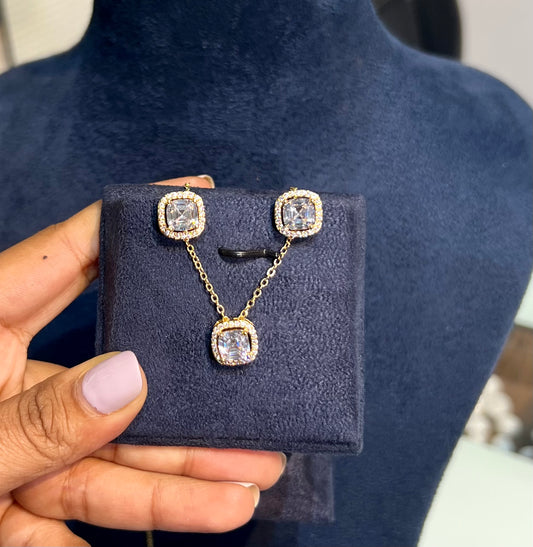 Cushion halo pendant set with chain